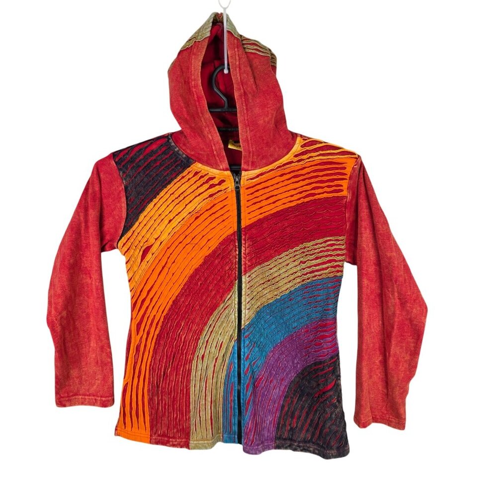 Womens Karma Circle Red Rainbow Hooded Jacket Full Zip Long Sleeve Cotton Size M